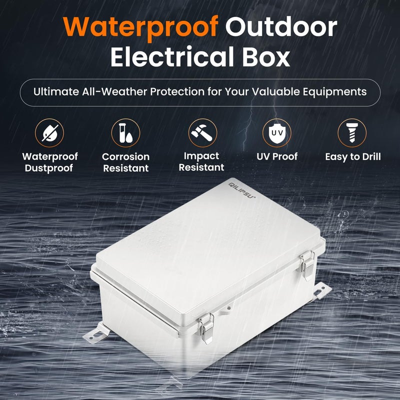 QILIPSU Waterproof Junction Box IP67 Outdoor Plastic Electrical Project Enclosure Weatherproof with Mounting Plate, Wall Brackets, Hinged Grey Cover 8.6"x6.7"x4.3" - Image 2